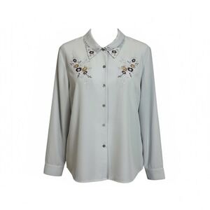 Laura Scott Woman Plus  20W Button Down Blouse Embroidered‎ Collar Gray (3150)